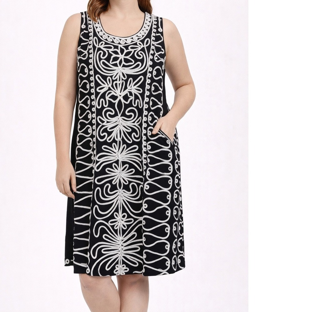 T&W Designs Womens‎ Dress M Black White Embroidered Sleeveless Boho Shirt  Lq